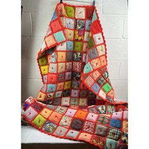 Handmade Crochet Knitted Granny Square Quilt Bright Orange Mixed Print